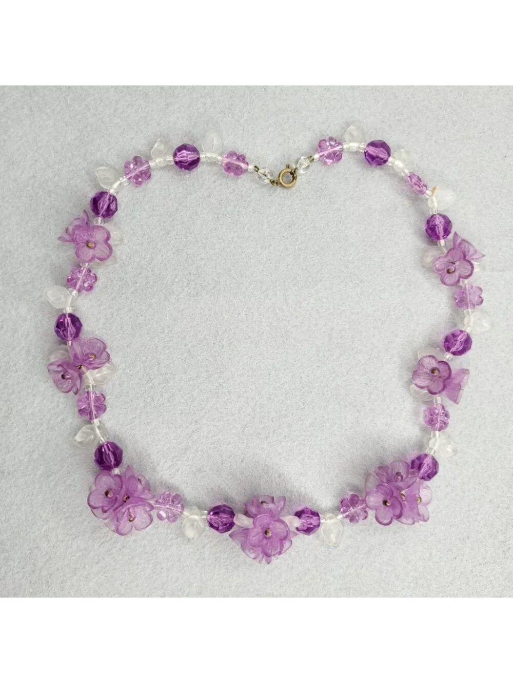 Vintage Floral Beaded Necklace Purple Flowers Acrylic 18